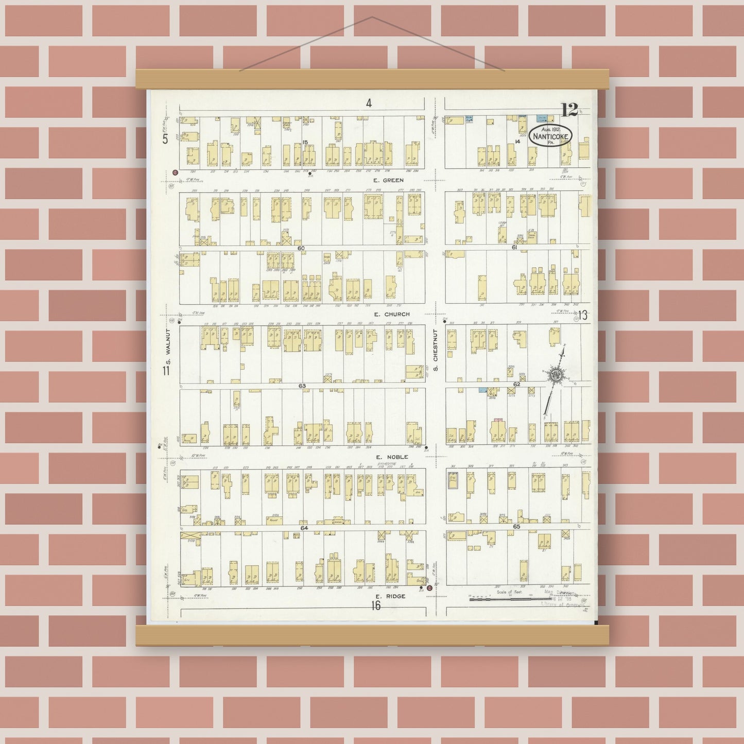 Old map wall art mockup — magnetic wood frame on brick wall — Sanborn Fire Insurance Map from Nanticoke, Luzerne County, Pennsylvania (1912), Sheet #0012