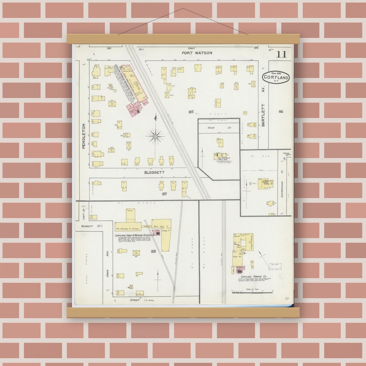 Old map wall art mockup — magnetic wood frame on brick wall — Sanborn Fire Insurance Map from Cortland, Cortland County, New York (1892), Sheet #0011
