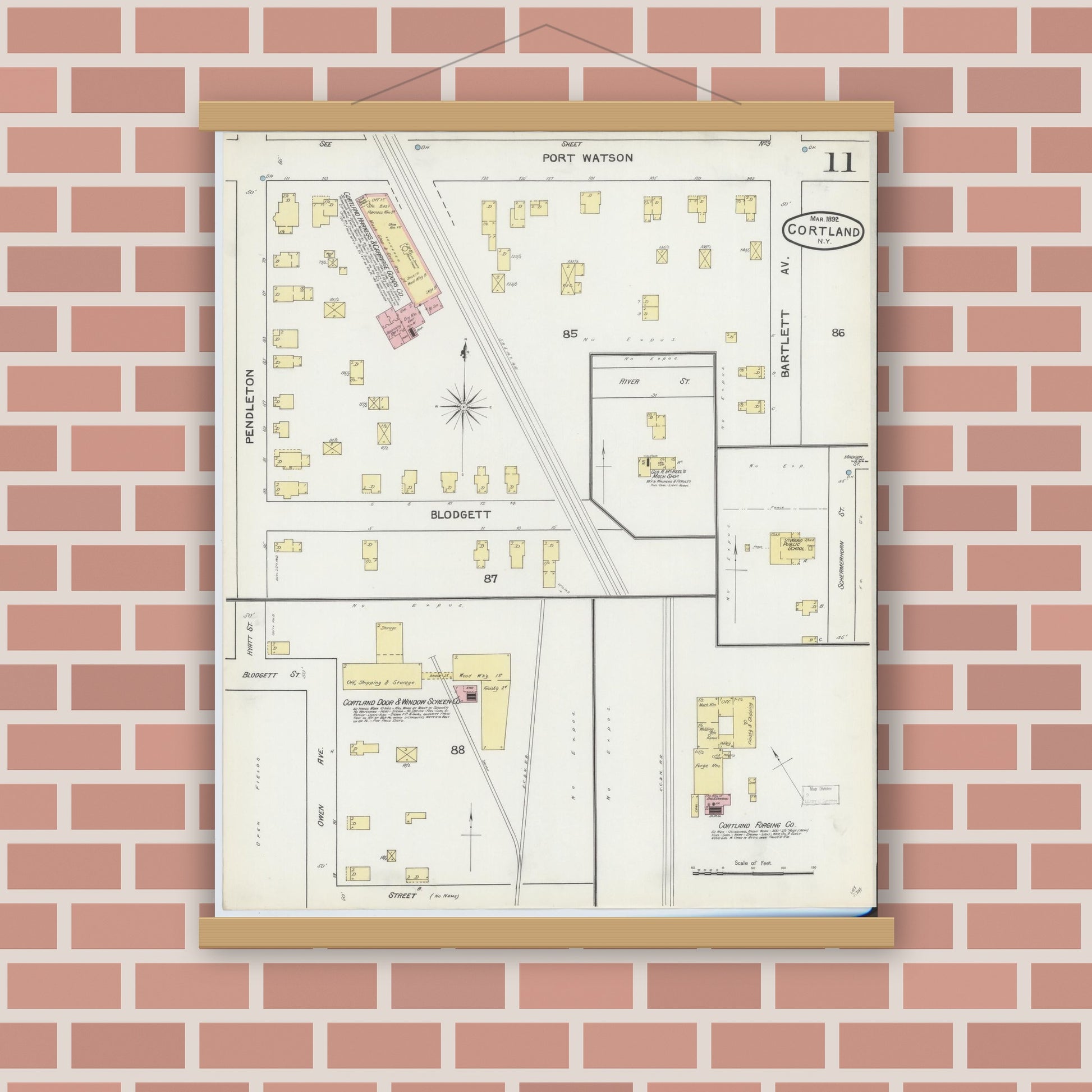 Old map wall art mockup — magnetic wood frame on brick wall — Sanborn Fire Insurance Map from Cortland, Cortland County, New York (1892), Sheet #0011