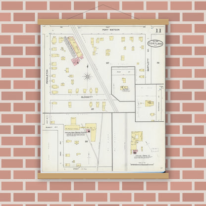 Old map wall art mockup — magnetic wood frame on brick wall — Sanborn Fire Insurance Map from Cortland, Cortland County, New York (1892), Sheet #0011