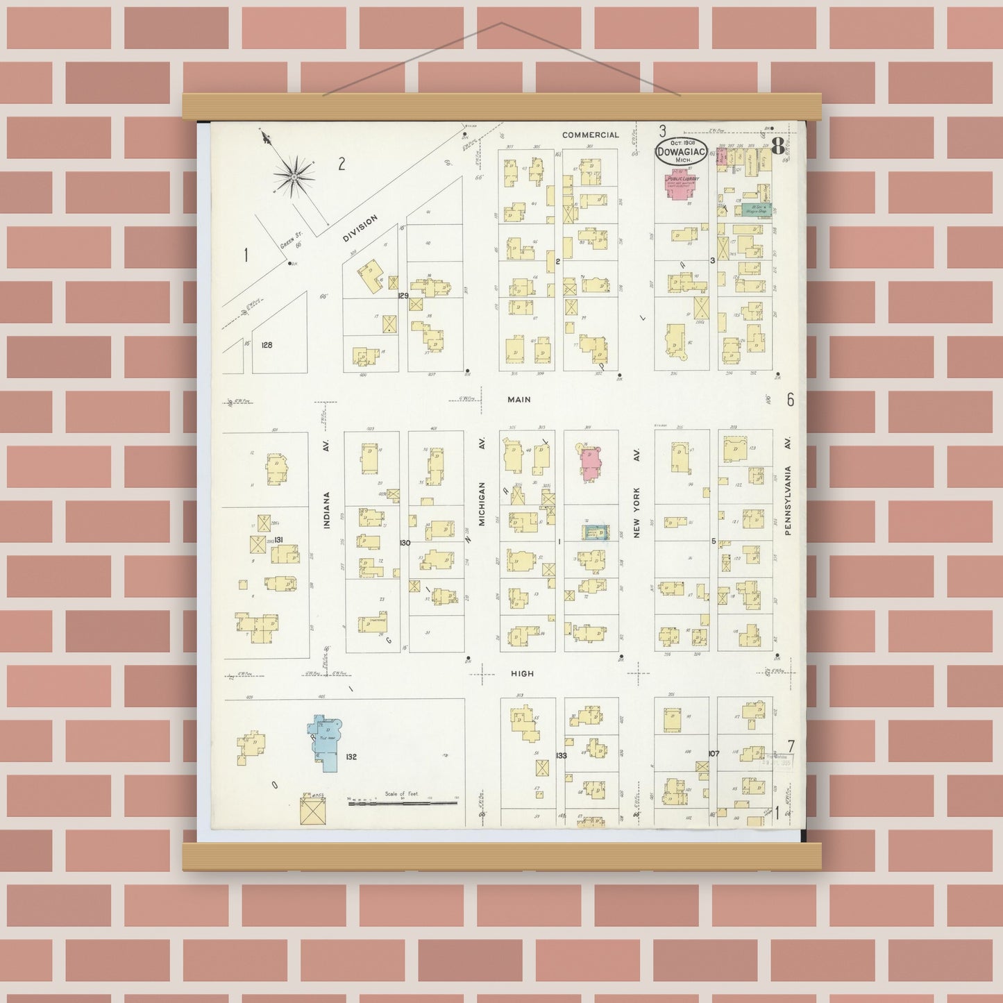 Old map wall art mockup — magnetic wood frame on brick wall — Sanborn Fire Insurance Map from Dowagiac, Cass County, Michigan (1908), Sheet #0008