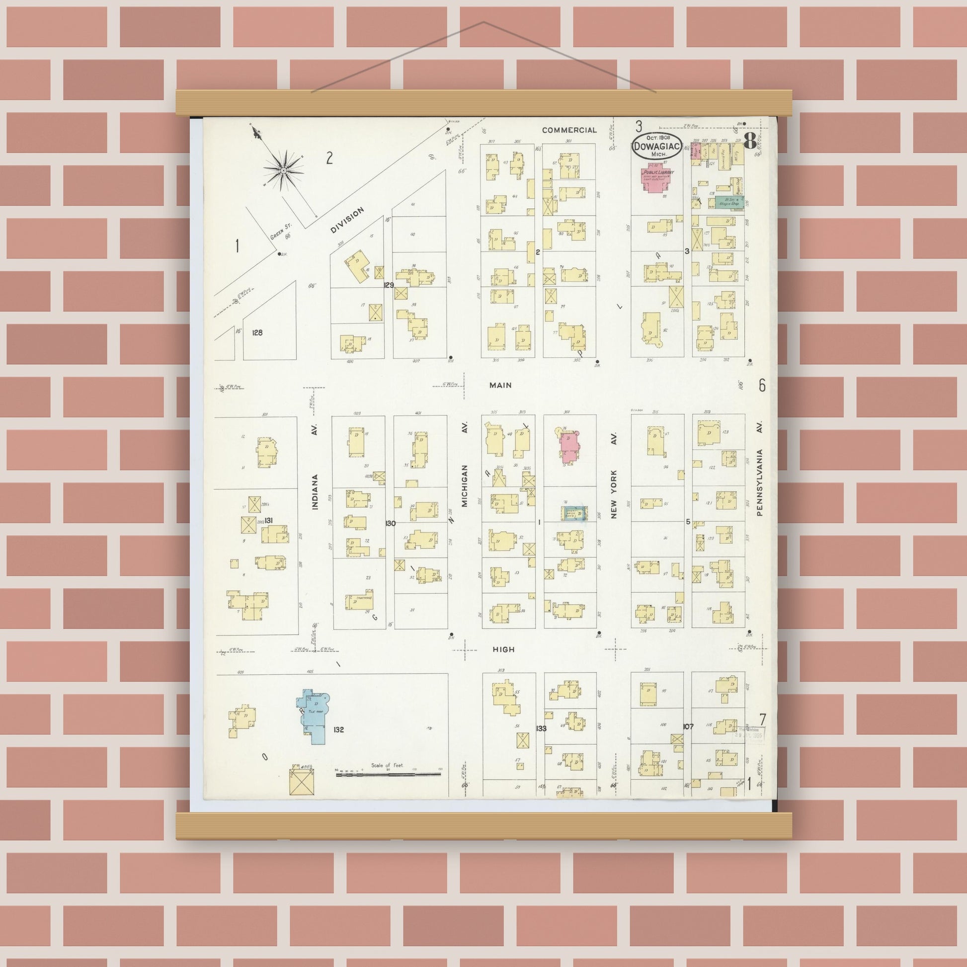 Old map wall art mockup — magnetic wood frame on brick wall — Sanborn Fire Insurance Map from Dowagiac, Cass County, Michigan (1908), Sheet #0008