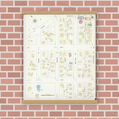 Old map wall art mockup — magnetic wood frame on brick wall — Sanborn Fire Insurance Map from Dowagiac, Cass County, Michigan (1908), Sheet #0008