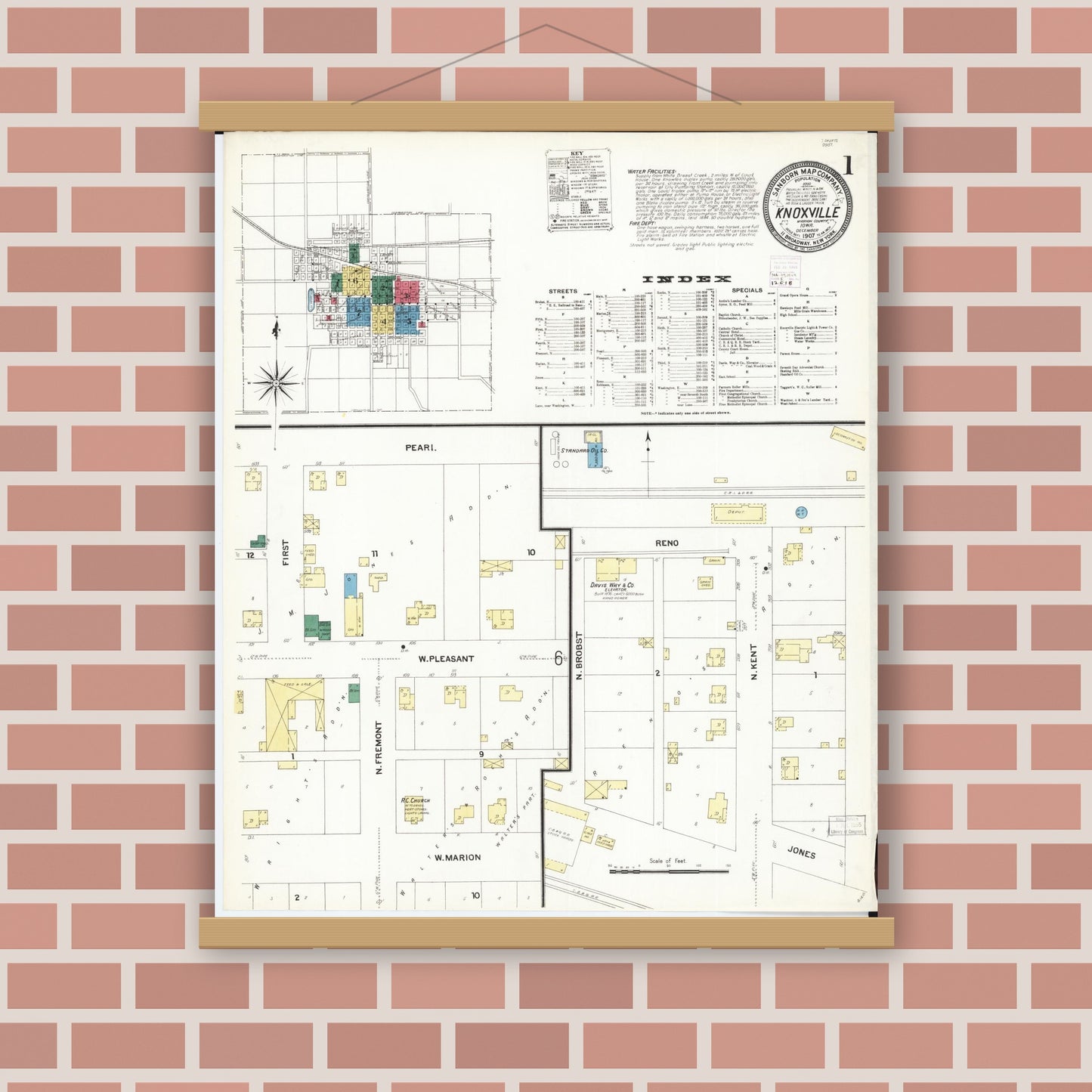 Old map wall art mockup — magnetic wood frame on brick wall — Sanborn Fire Insurance Map from Knoxville, Marion County, Iowa (1907) â€” Complete Set