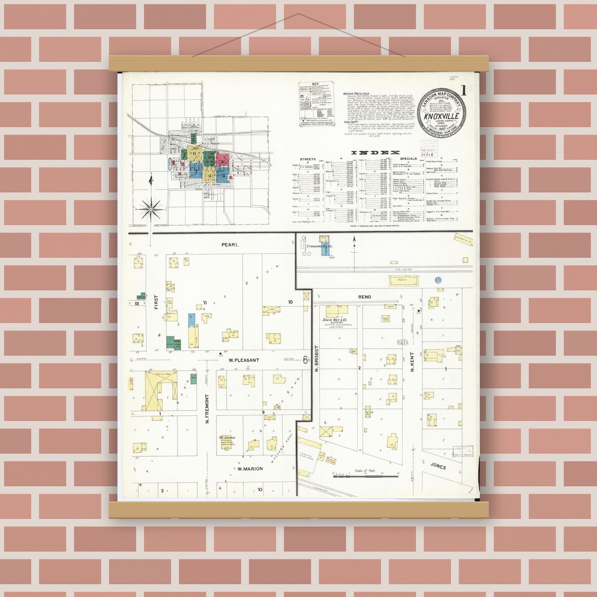 Old map wall art mockup — magnetic wood frame on brick wall — Sanborn Fire Insurance Map from Knoxville, Marion County, Iowa (1907) â€” Complete Set