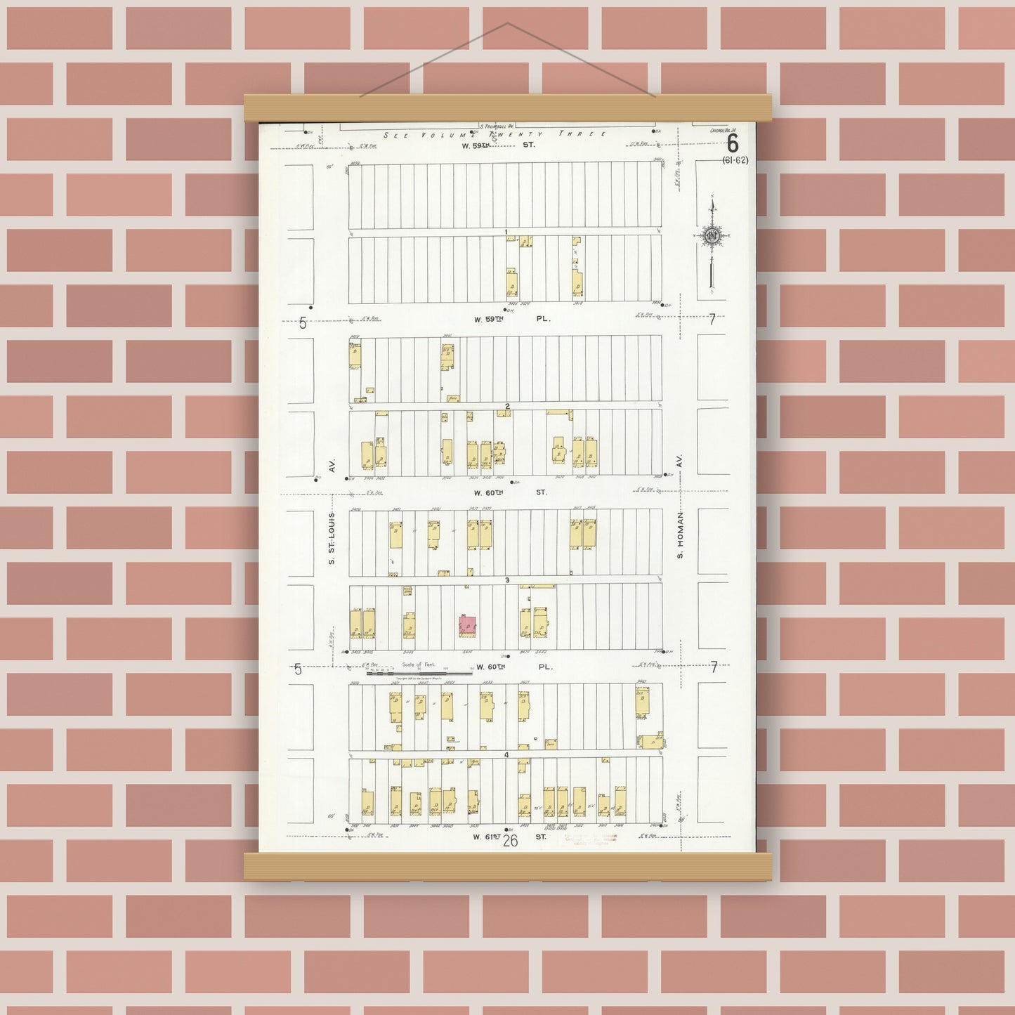 Old map wall art mockup — magnetic wood frame on brick wall — Sanborn Fire Insurance Map from Chicago, Cook County, Illinois (1920), Sheet #0006