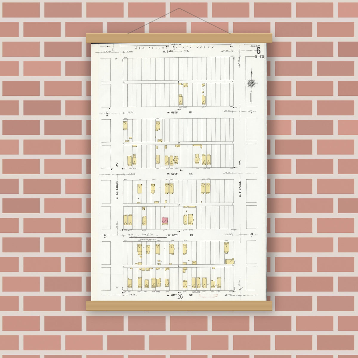 Old map wall art mockup — magnetic wood frame on brick wall — Sanborn Fire Insurance Map from Chicago, Cook County, Illinois (1920), Sheet #0006