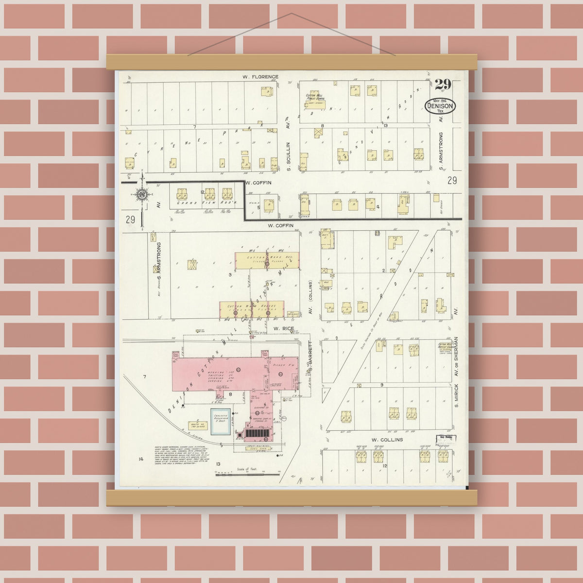 Old map wall art mockup — magnetic wood frame on brick wall — Sanborn Fire Insurance Map from Denison, Grayson County, Texas (1914), Sheet #0029