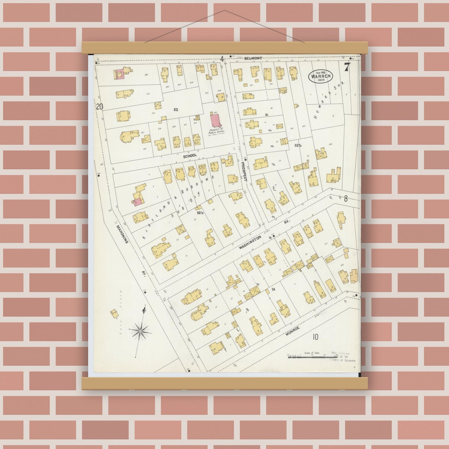Old map wall art mockup — magnetic wood frame on brick wall — Sanborn Fire Insurance Map from Warren, Trumbull County, Ohio (1902), Sheet #0007