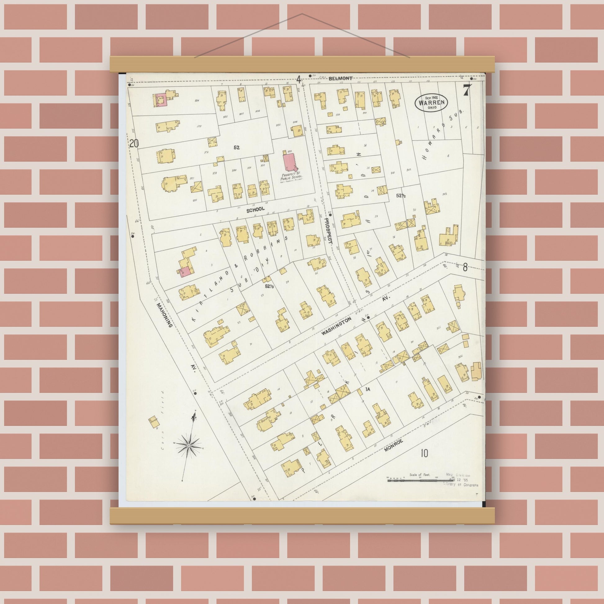 Old map wall art mockup — magnetic wood frame on brick wall — Sanborn Fire Insurance Map from Warren, Trumbull County, Ohio (1902), Sheet #0007