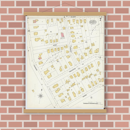 Old map wall art mockup — magnetic wood frame on brick wall — Sanborn Fire Insurance Map from Warren, Trumbull County, Ohio (1902), Sheet #0007
