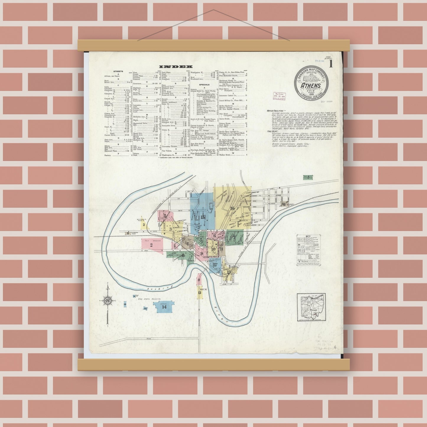 Old map wall art mockup — magnetic wood frame on brick wall — Sanborn Fire Insurance Map from Athens, Athens County, Ohio (1914), Sheet #0001