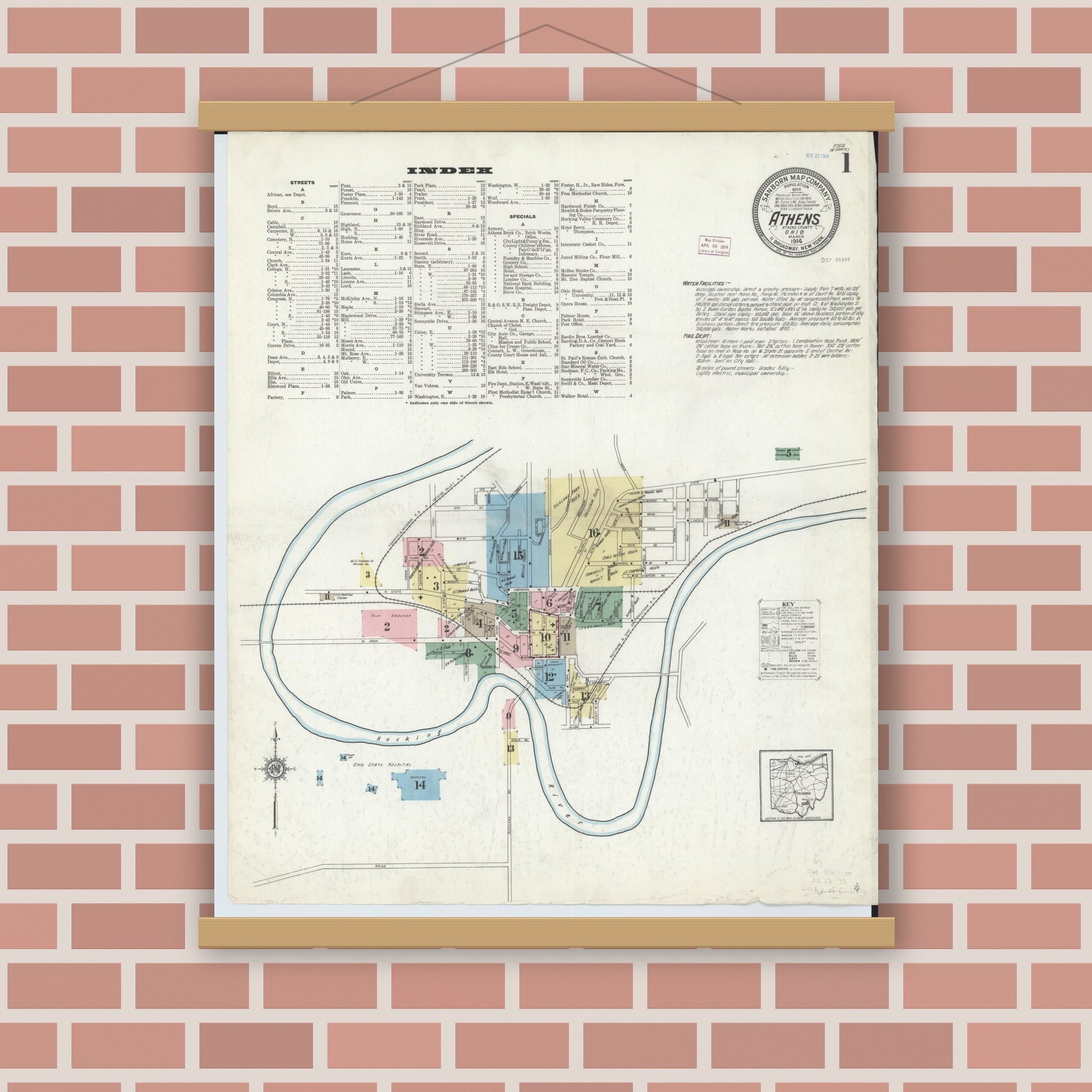 Old map wall art mockup — magnetic wood frame on brick wall — Sanborn Fire Insurance Map from Athens, Athens County, Ohio (1914), Sheet #0001