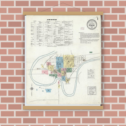 Old map wall art mockup — magnetic wood frame on brick wall — Sanborn Fire Insurance Map from Athens, Athens County, Ohio (1914), Sheet #0001