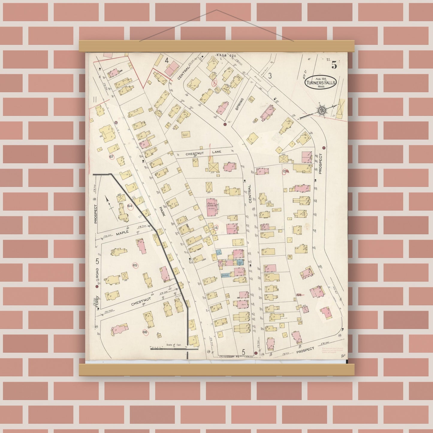 Old map wall art mockup — magnetic wood frame on brick wall — Sanborn Fire Insurance Map from Turners Falls, Franklin County, Massachusetts (1940), Sheet #0005