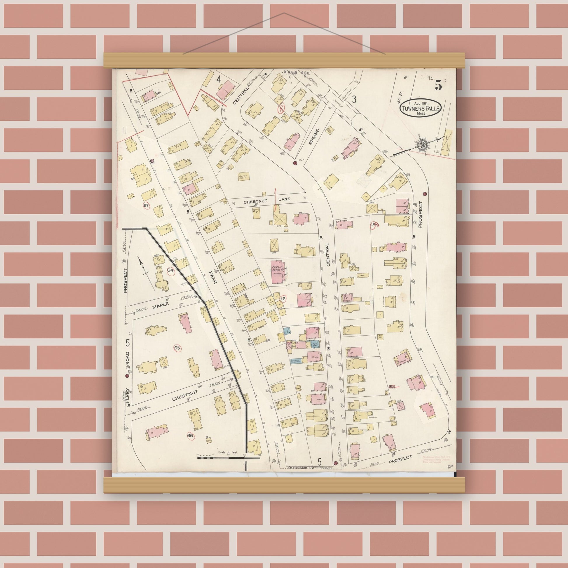 Old map wall art mockup — magnetic wood frame on brick wall — Sanborn Fire Insurance Map from Turners Falls, Franklin County, Massachusetts (1940), Sheet #0005