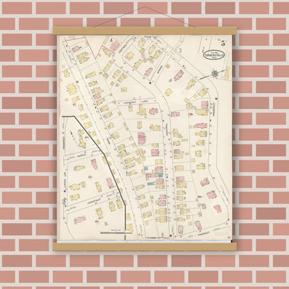 Old map wall art mockup — magnetic wood frame on brick wall — Sanborn Fire Insurance Map from Turners Falls, Franklin County, Massachusetts (1940), Sheet #0005