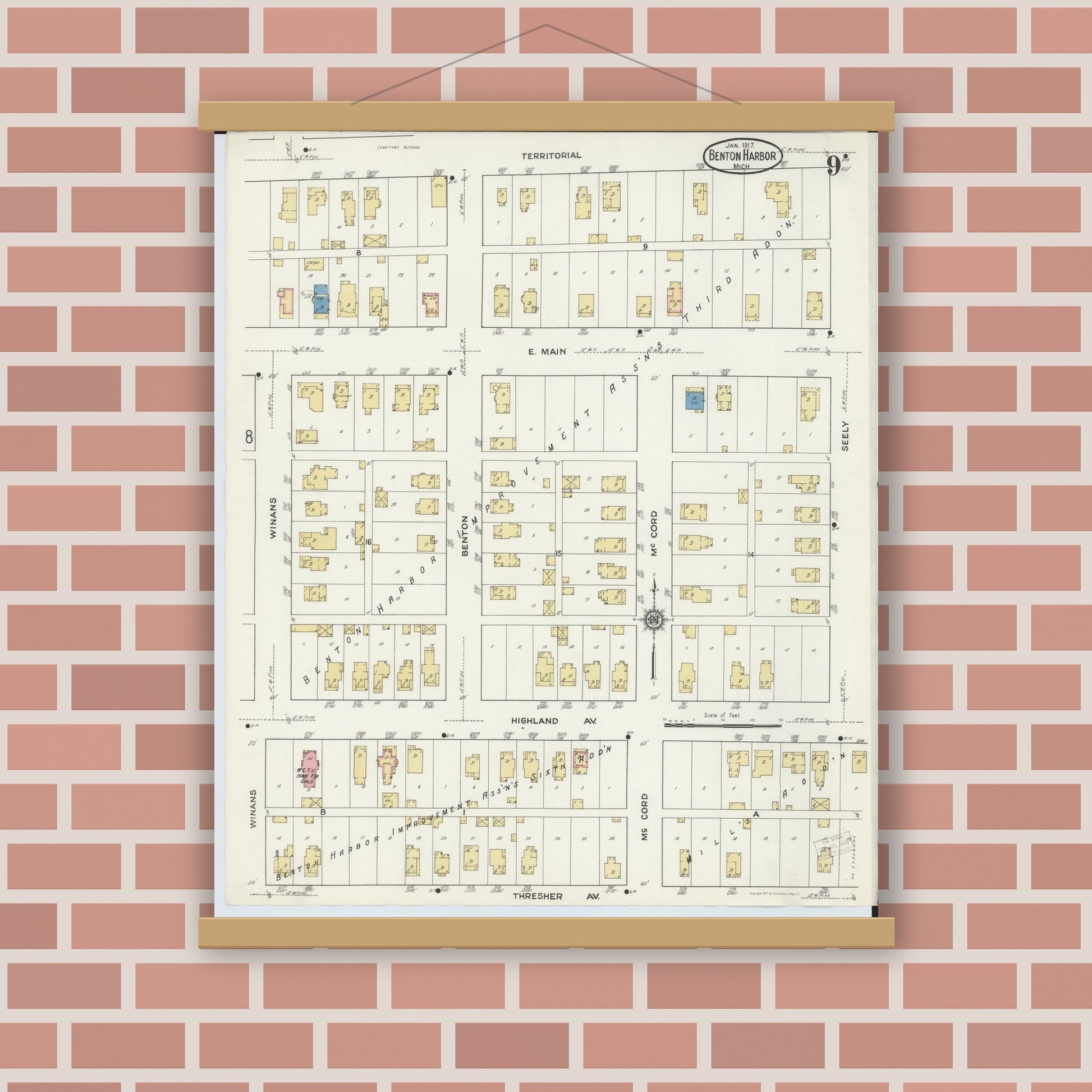 Old map wall art mockup — magnetic wood frame on brick wall — Sanborn Fire Insurance Map from Benton Harbor, Berrien County, Michigan (1917), Sheet #0009