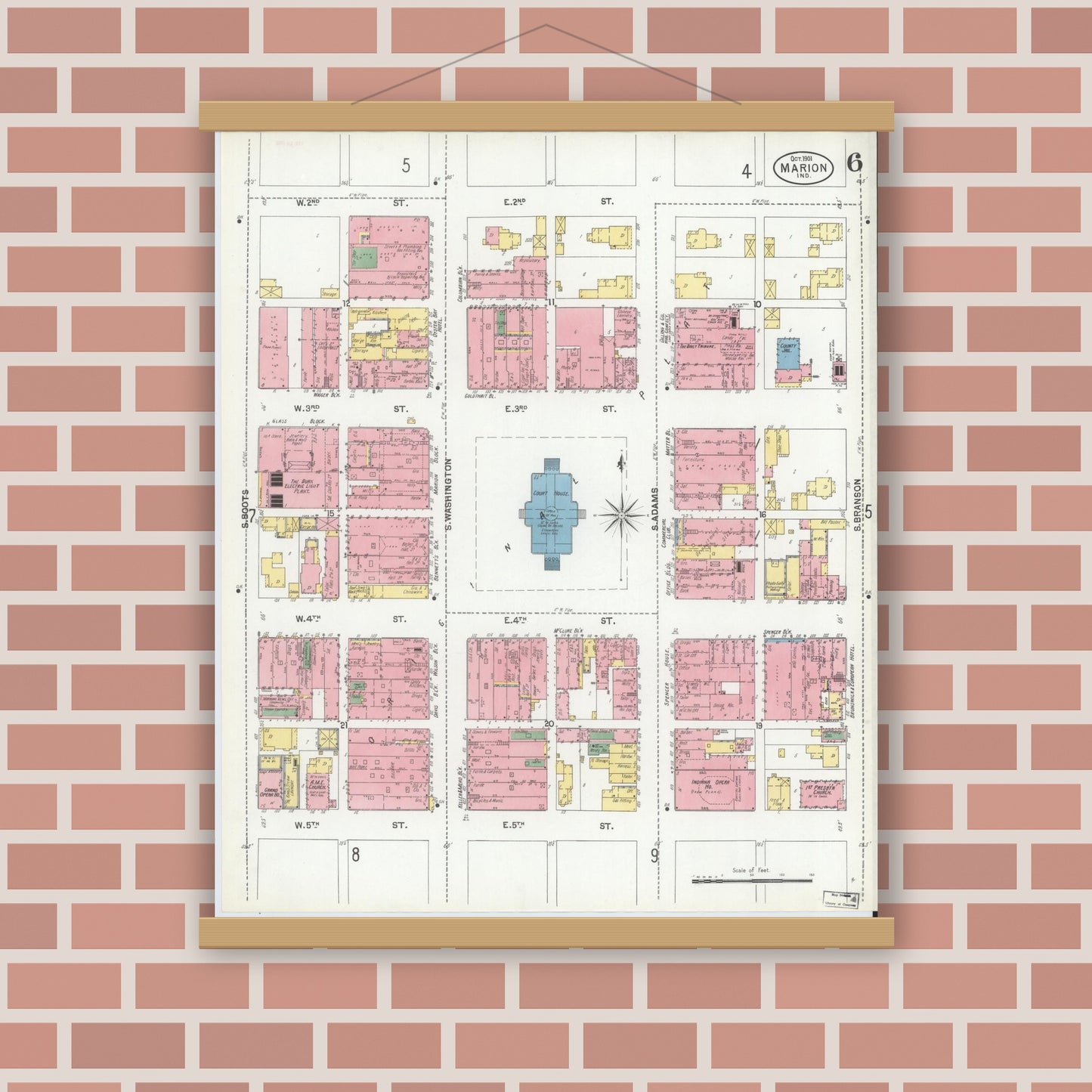 Old map wall art mockup — magnetic wood frame on brick wall — Sanborn Fire Insurance Map from Marion, Grant County, Indiana (1901), Sheet #0006