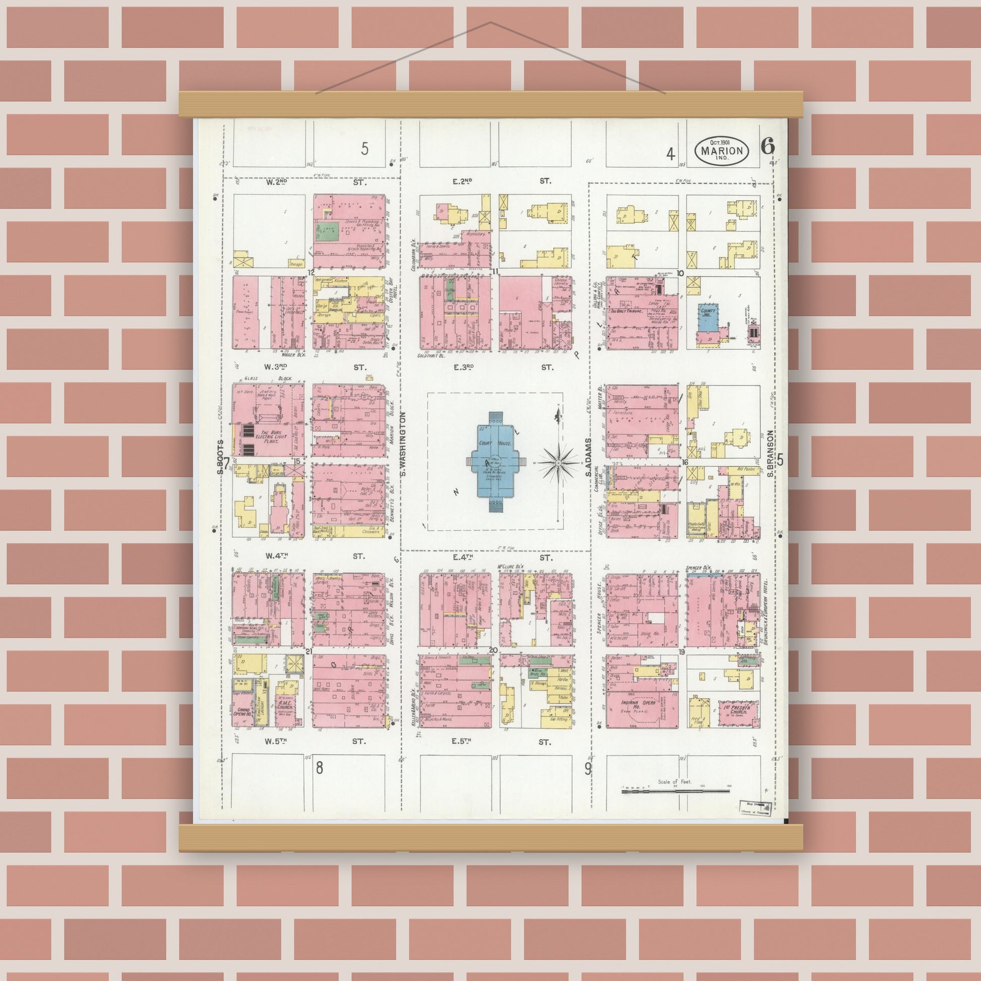 Old map wall art mockup — magnetic wood frame on brick wall — Sanborn Fire Insurance Map from Marion, Grant County, Indiana (1901), Sheet #0006
