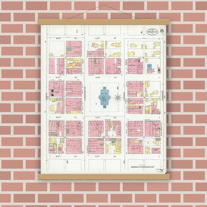 Old map wall art mockup — magnetic wood frame on brick wall — Sanborn Fire Insurance Map from Marion, Grant County, Indiana (1901), Sheet #0006