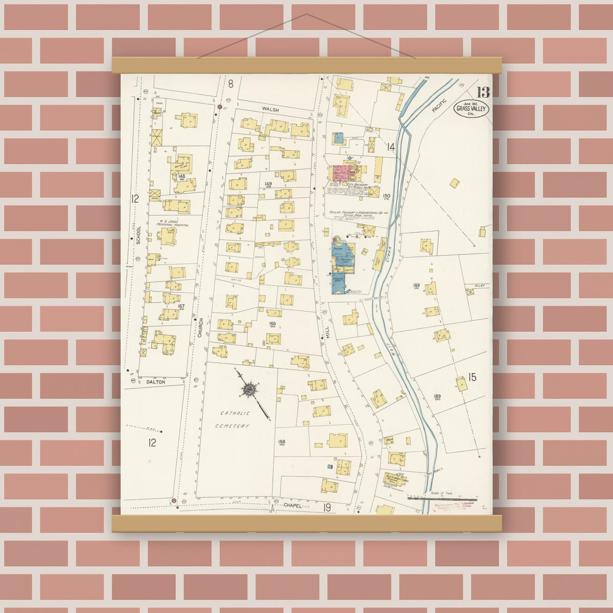 Old map wall art mockup — magnetic wood frame on brick wall — Sanborn Fire Insurance Map from Grass Valley, Nevada County, California (1912), Sheet #0013