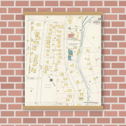 Old map wall art mockup — magnetic wood frame on brick wall — Sanborn Fire Insurance Map from Grass Valley, Nevada County, California (1912), Sheet #0013