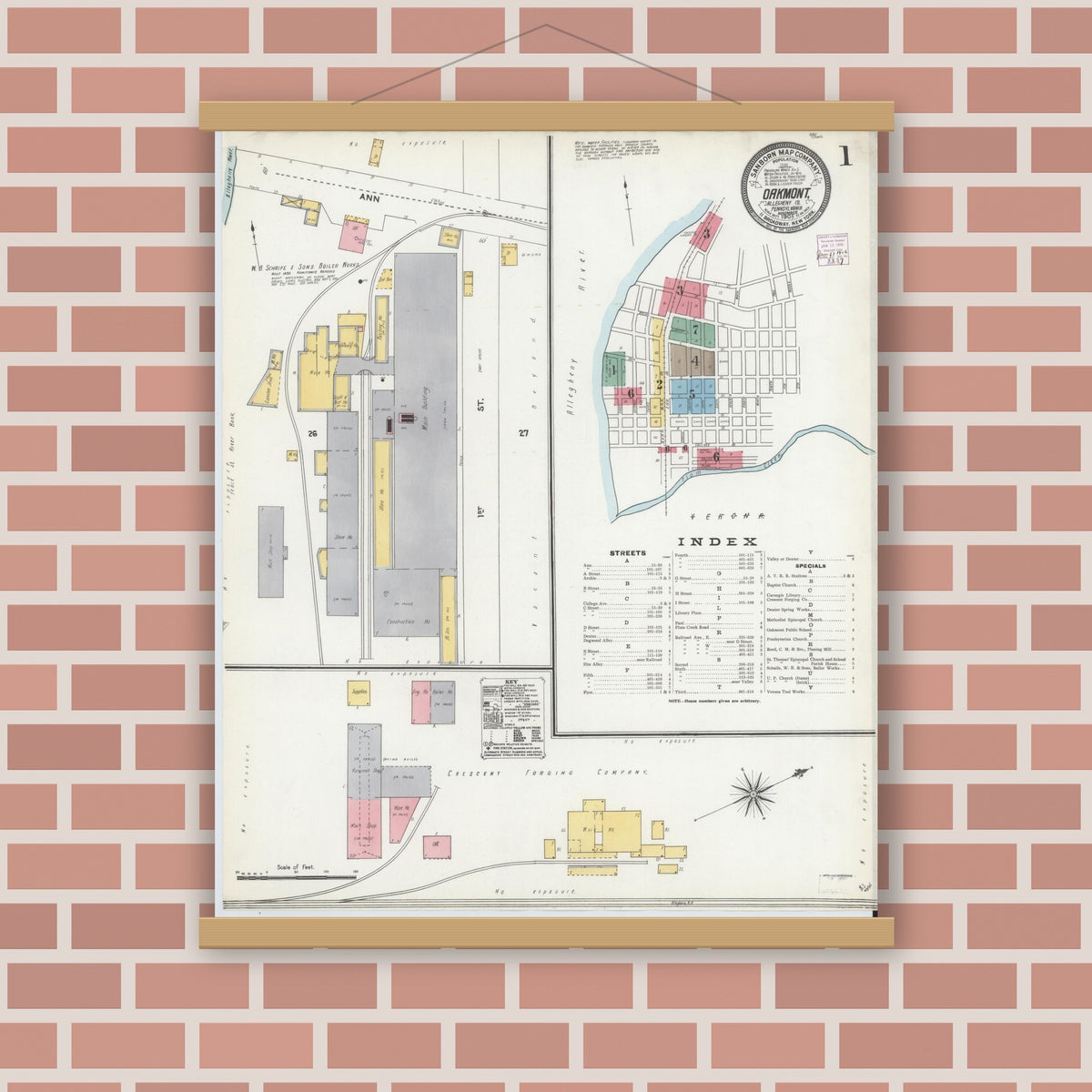 Old map wall art mockup — magnetic wood frame on brick wall — Sanborn Fire Insurance Map from Oakmont, Allegheny County, Pennsylvania (1905) - Complete Map Set
