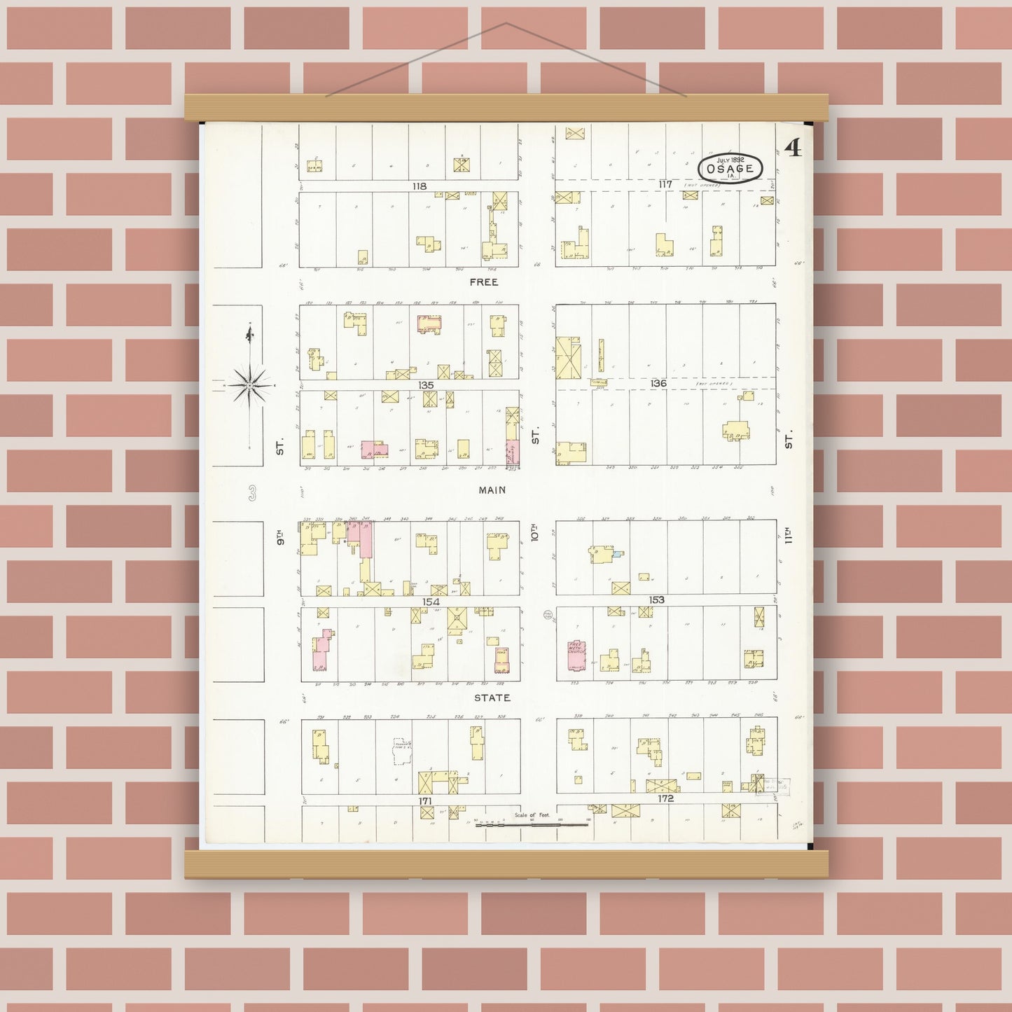 Old map wall art mockup — magnetic wood frame on brick wall — Sanborn Fire Insurance Map from Osage, Mitchell County, Iowa (1892), Sheet #0004