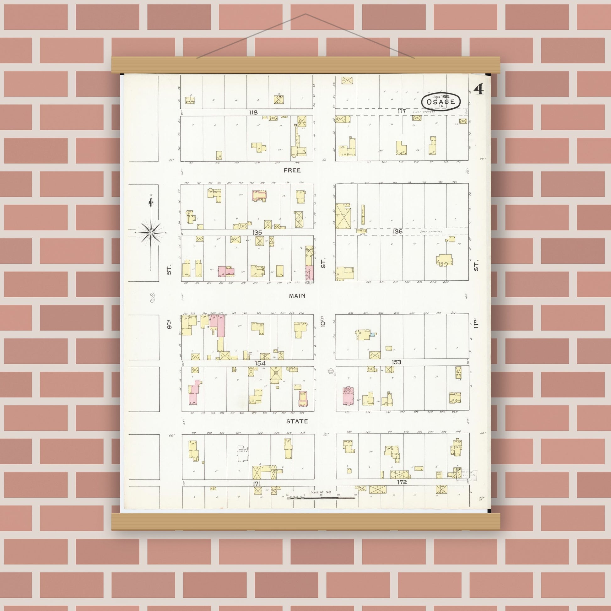 Old map wall art mockup — magnetic wood frame on brick wall — Sanborn Fire Insurance Map from Osage, Mitchell County, Iowa (1892), Sheet #0004