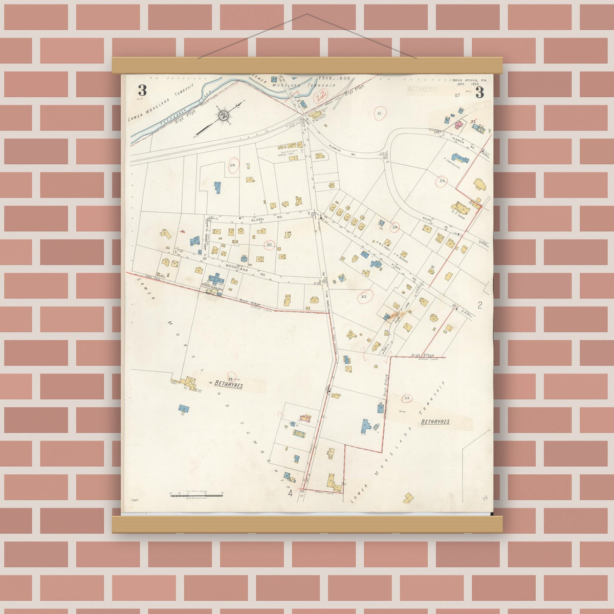 Old map wall art mockup — magnetic wood frame on brick wall — Sanborn Fire Insurance Map from Bryn Athyn, Montgomery County, Pennsylvania (1941), Sheet #0003