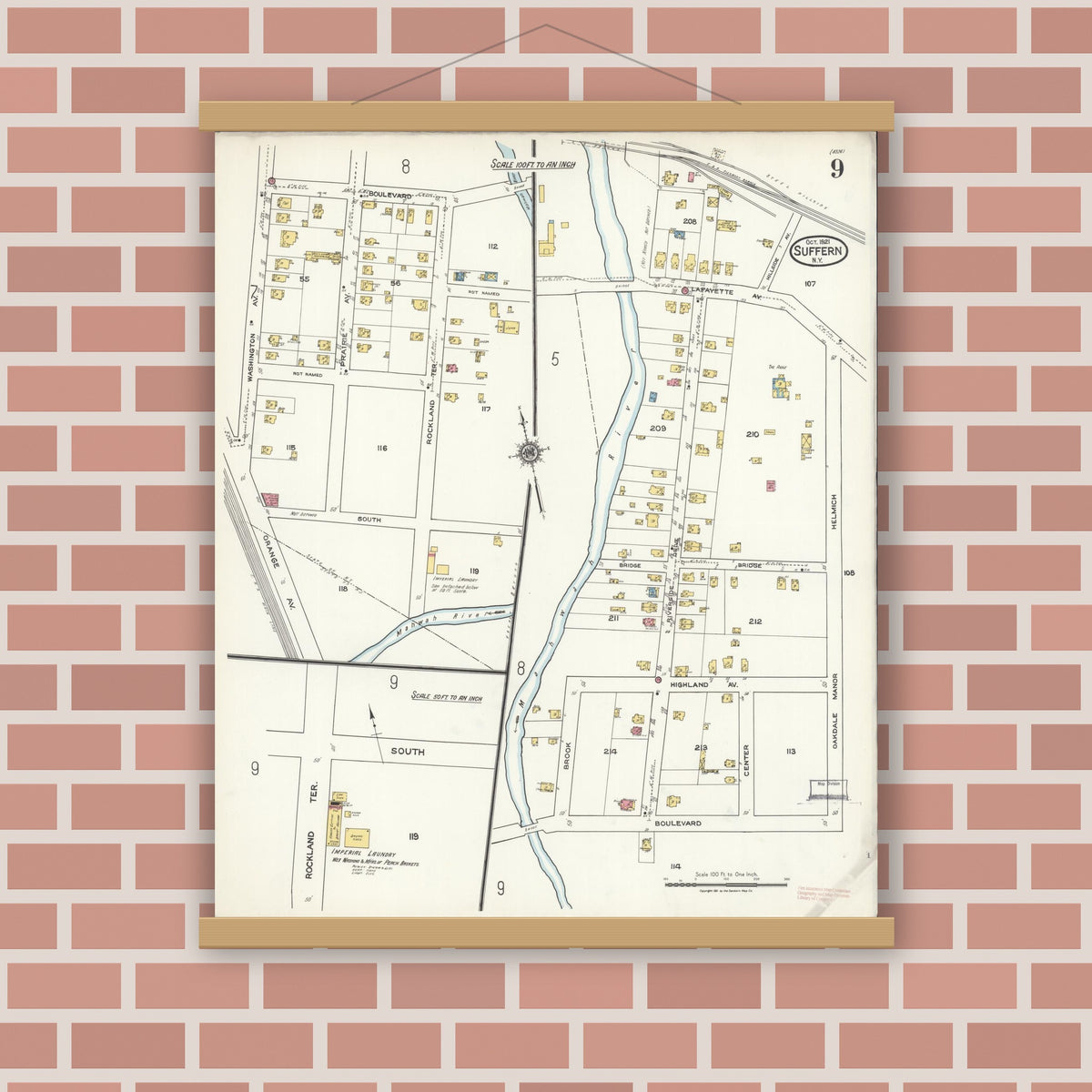 Old map wall art mockup — magnetic wood frame on brick wall — Sanborn Fire Insurance Map from Suffern, Rockland County, New York (1921), Sheet #0009