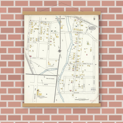 Old map wall art mockup — magnetic wood frame on brick wall — Sanborn Fire Insurance Map from Suffern, Rockland County, New York (1921), Sheet #0009