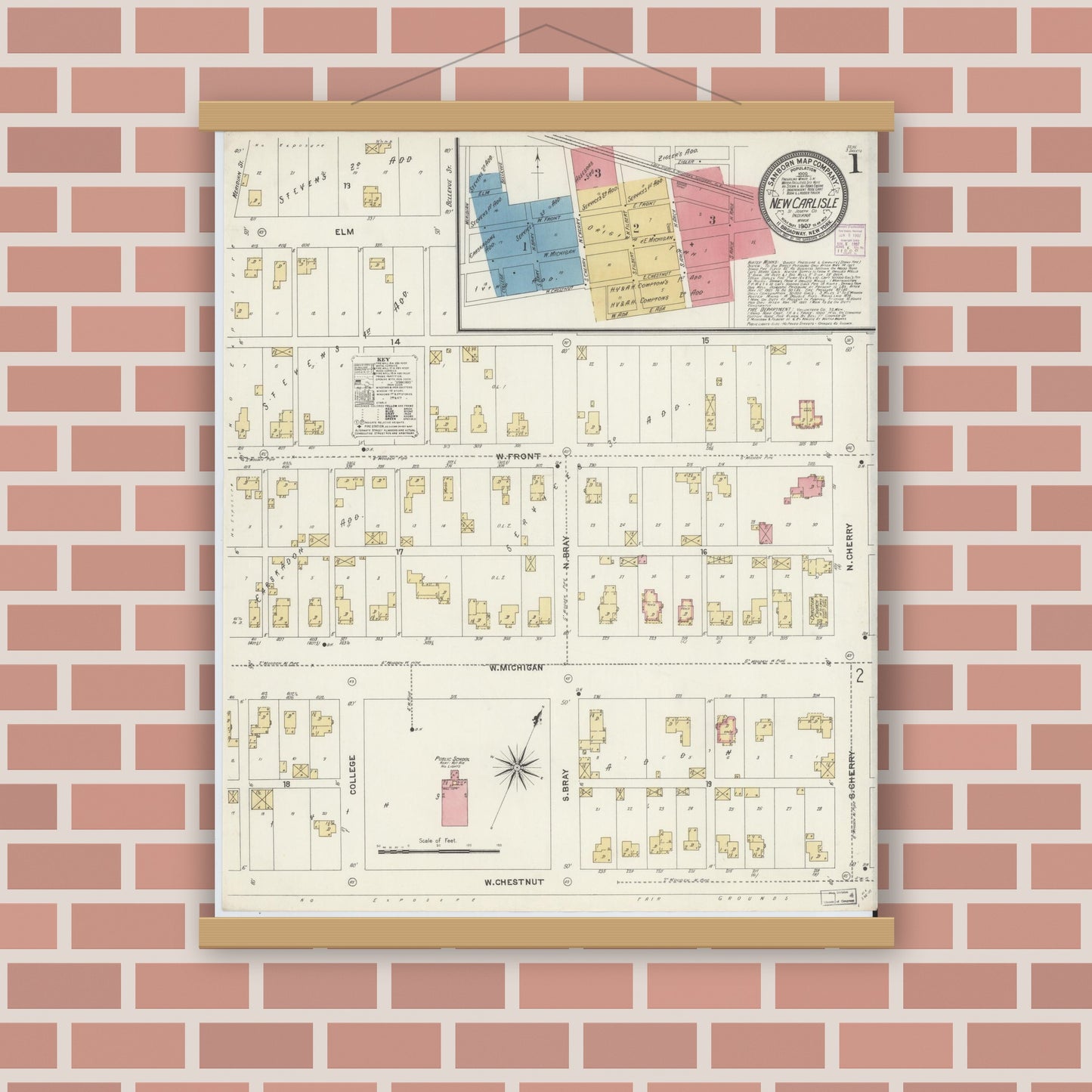 Old map wall art mockup — magnetic wood frame on brick wall — Sanborn Fire Insurance Map from New Carlisle, Saint Joseph County, Indiana (1907) - Complete Map Set
