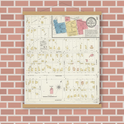 Old map wall art mockup — magnetic wood frame on brick wall — Sanborn Fire Insurance Map from New Carlisle, Saint Joseph County, Indiana (1907) - Complete Map Set