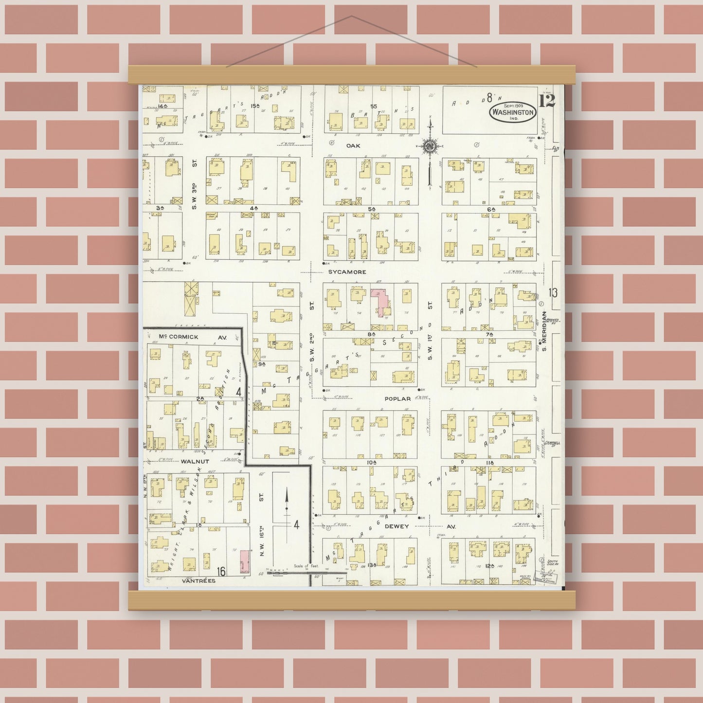 Old map wall art mockup — magnetic wood frame on brick wall — Sanborn Fire Insurance Map from Washington, Daviess County, Indiana (1909), Sheet #0012