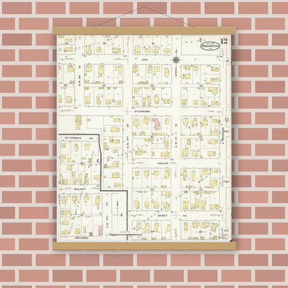 Old map wall art mockup — magnetic wood frame on brick wall — Sanborn Fire Insurance Map from Washington, Daviess County, Indiana (1909), Sheet #0012