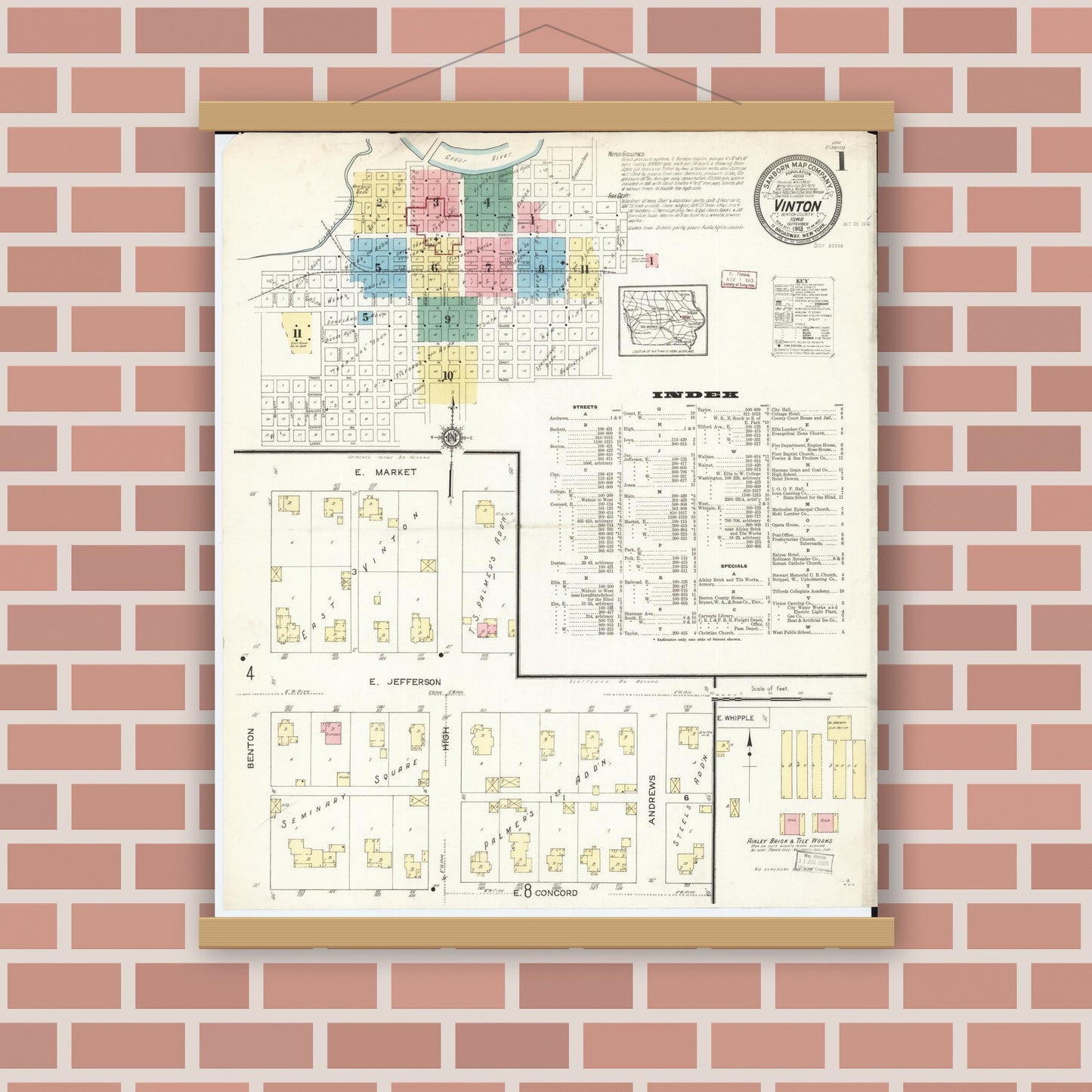Old map wall art mockup — magnetic wood frame on brick wall — Sanborn Fire Insurance Map from Vinton, Benton County, Iowa (1913) â€” Complete Set