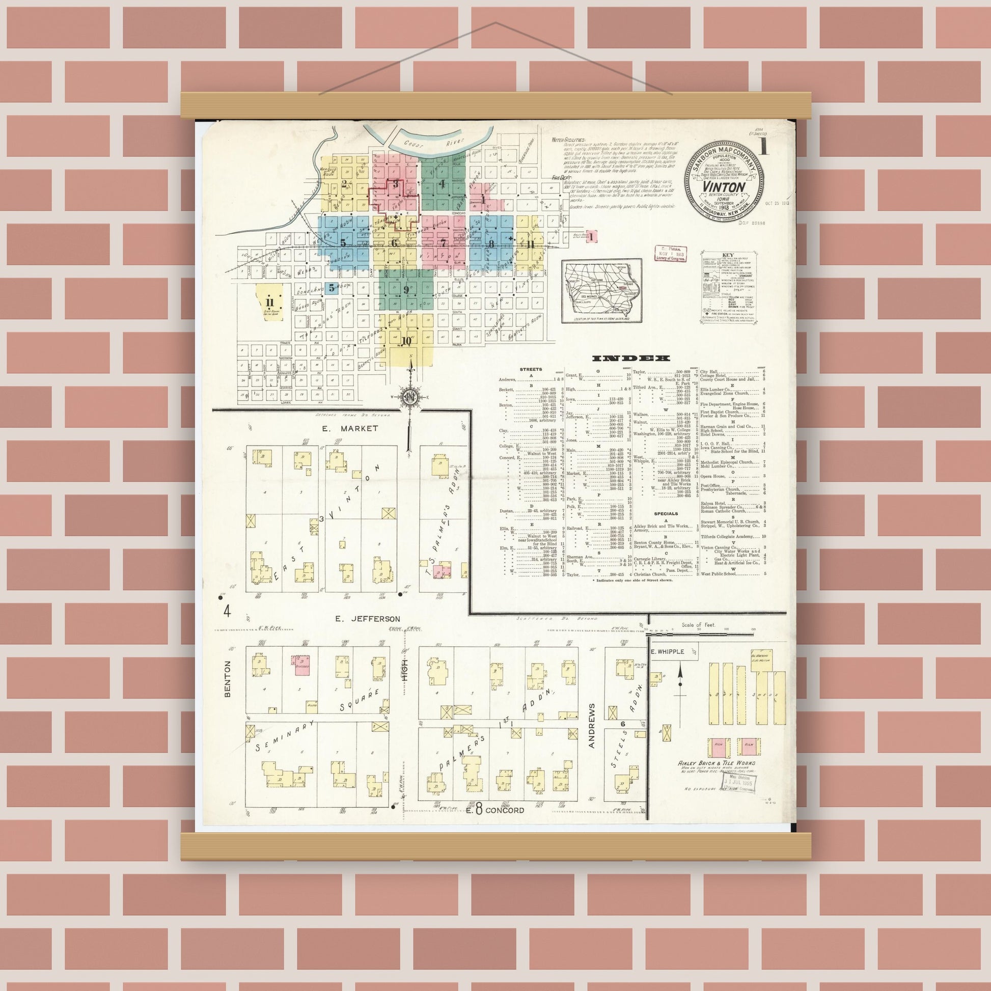 Old map wall art mockup — magnetic wood frame on brick wall — Sanborn Fire Insurance Map from Vinton, Benton County, Iowa (1913) â€” Complete Set