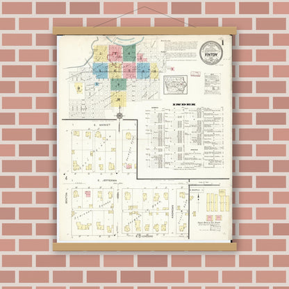 Old map wall art mockup — magnetic wood frame on brick wall — Sanborn Fire Insurance Map from Vinton, Benton County, Iowa (1913) â€” Complete Set
