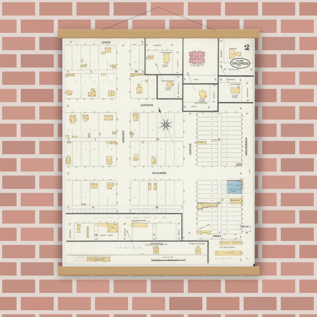 Old map wall art mockup — magnetic wood frame on brick wall — Sanborn Fire Insurance Map from Childress, Childress County, Texas (1902), Sheet #0002