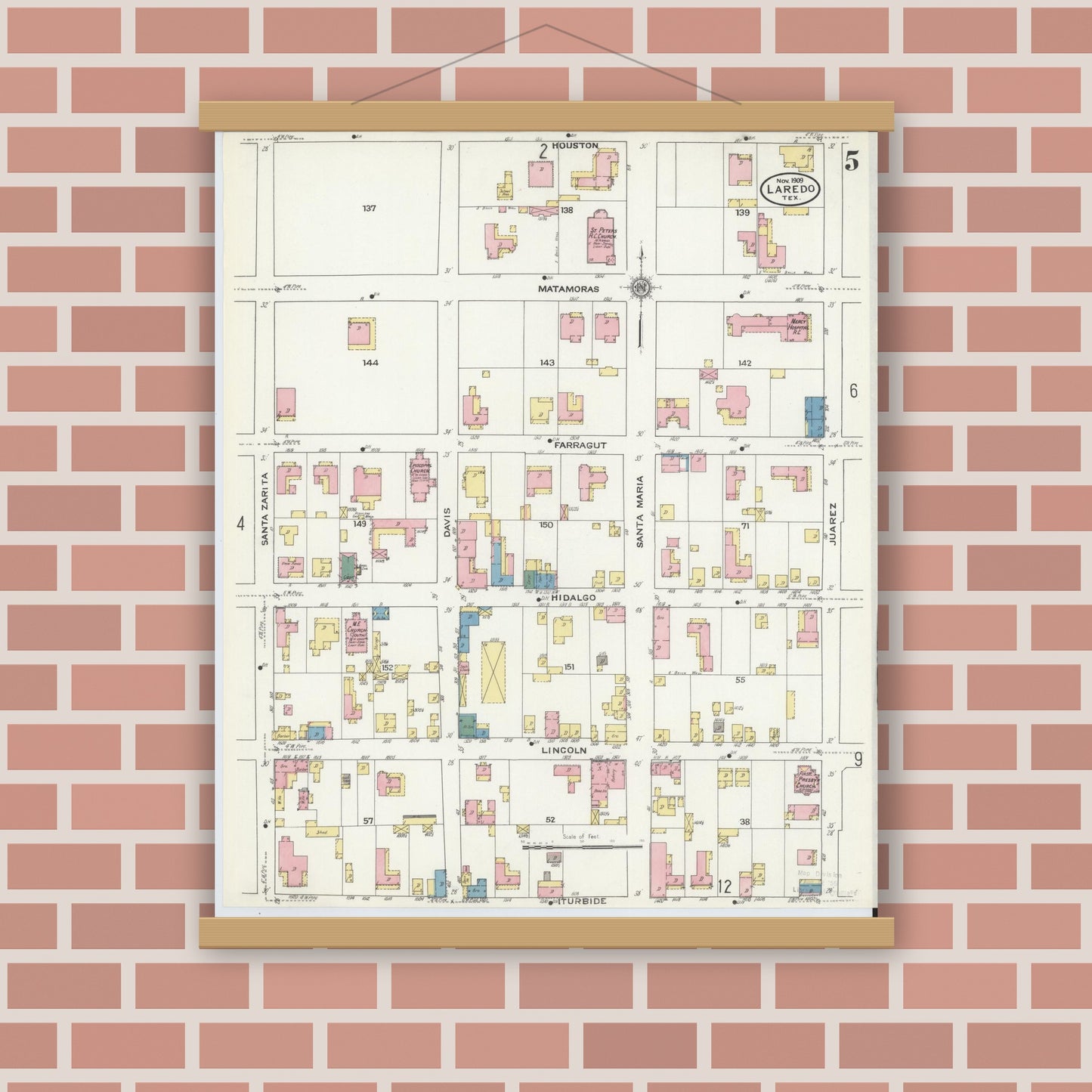 Old map wall art mockup — magnetic wood frame on brick wall — Sanborn Fire Insurance Map from Laredo, Webb County, Texas (1909), Sheet #0005
