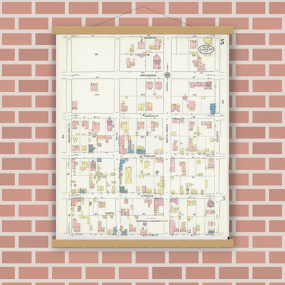 Old map wall art mockup — magnetic wood frame on brick wall — Sanborn Fire Insurance Map from Laredo, Webb County, Texas (1909), Sheet #0005