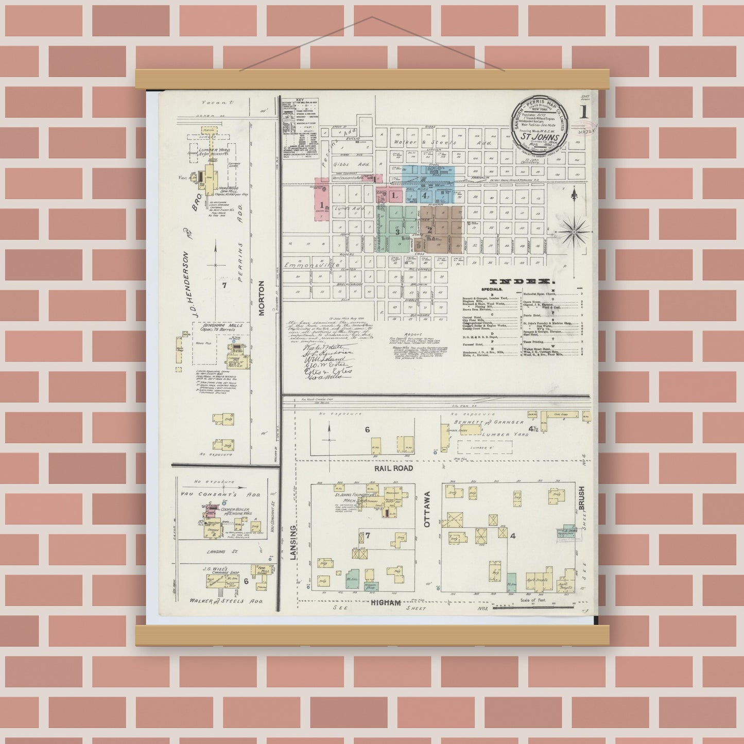 Old map wall art mockup — magnetic wood frame on brick wall — Sanborn Fire Insurance Map from Saint Johns, Clinton County, Michigan (1890) - Complete Map Set
