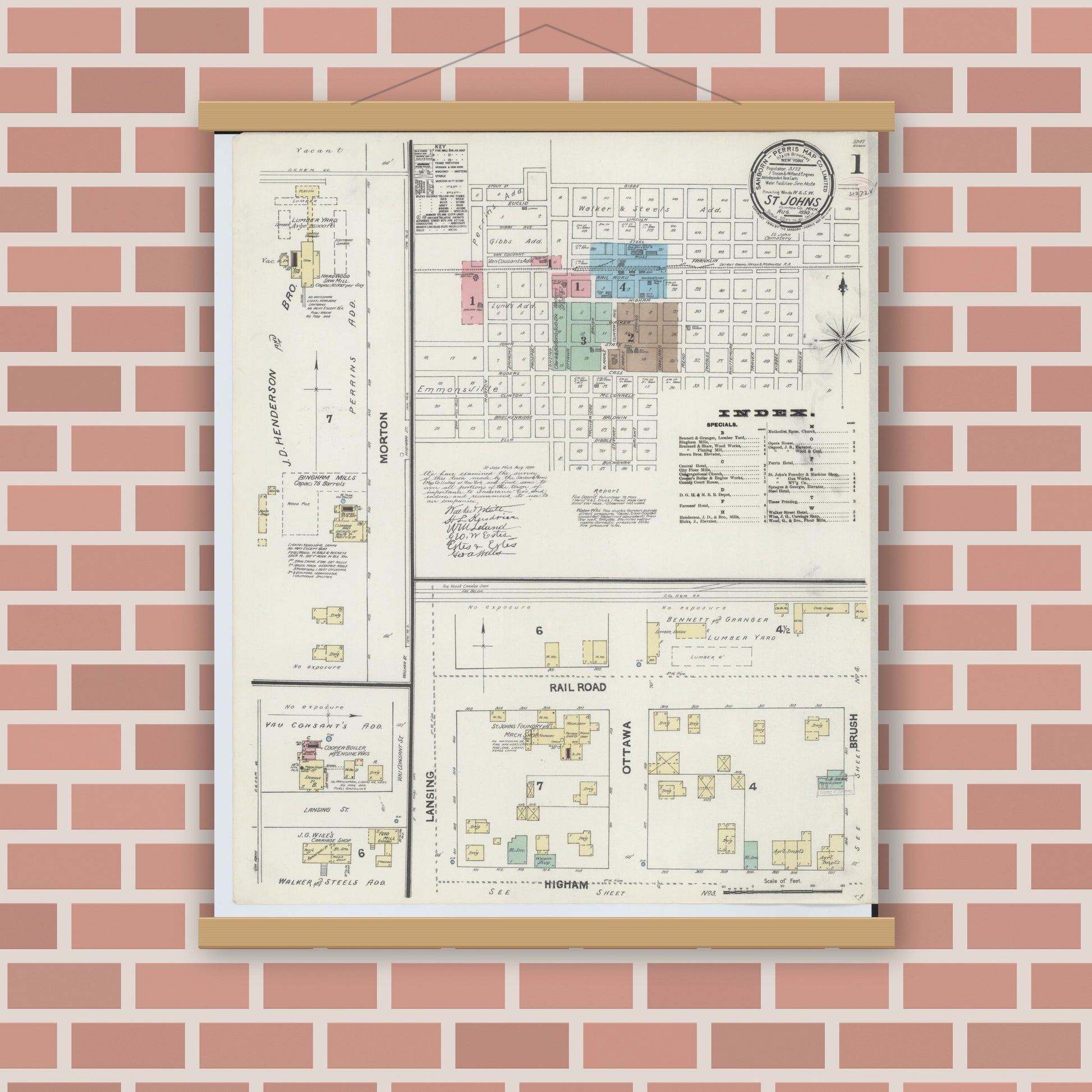 Old map wall art mockup — magnetic wood frame on brick wall — Sanborn Fire Insurance Map from Saint Johns, Clinton County, Michigan (1890) - Complete Map Set
