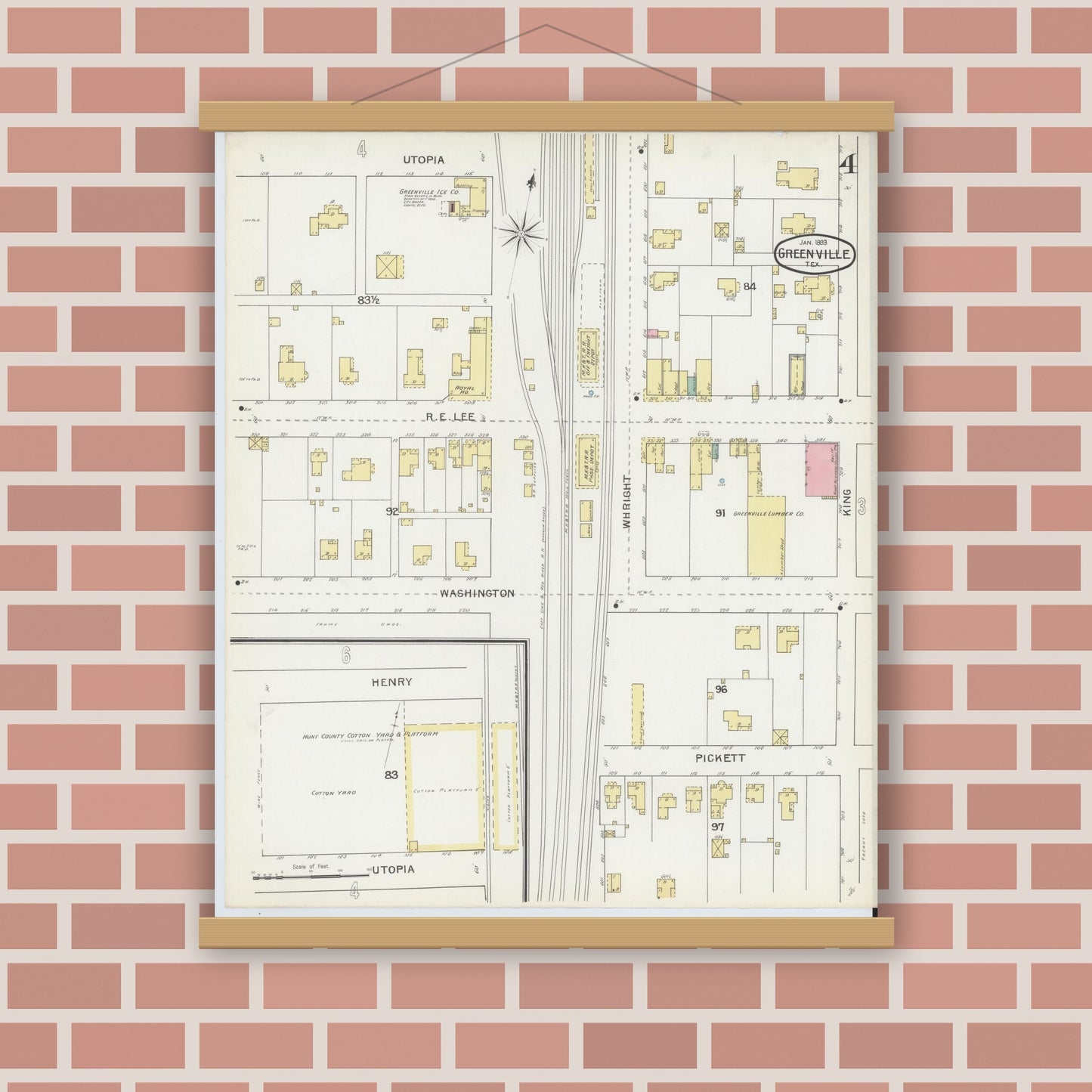 Old map wall art mockup — magnetic wood frame on brick wall — Sanborn Fire Insurance Map from Greenville, Hunt County, Texas (1893), Sheet #0004