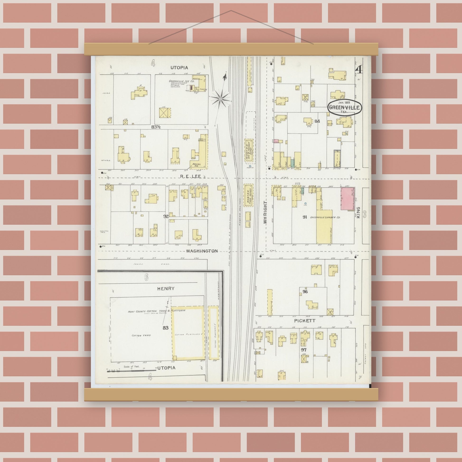 Old map wall art mockup — magnetic wood frame on brick wall — Sanborn Fire Insurance Map from Greenville, Hunt County, Texas (1893), Sheet #0004
