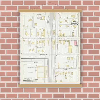 Old map wall art mockup — magnetic wood frame on brick wall — Sanborn Fire Insurance Map from Greenville, Hunt County, Texas (1893), Sheet #0004