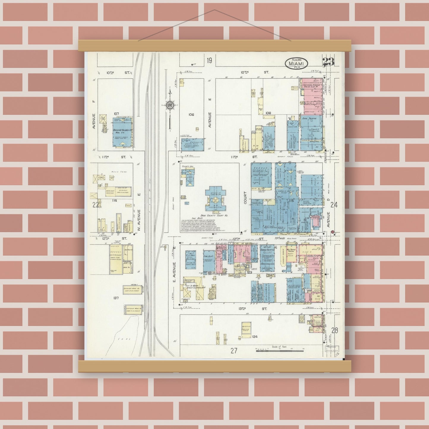 Old map wall art mockup — magnetic wood frame on brick wall — Sanborn Fire Insurance Map from Miami, Dade County, Florida (1914), Sheet #0023