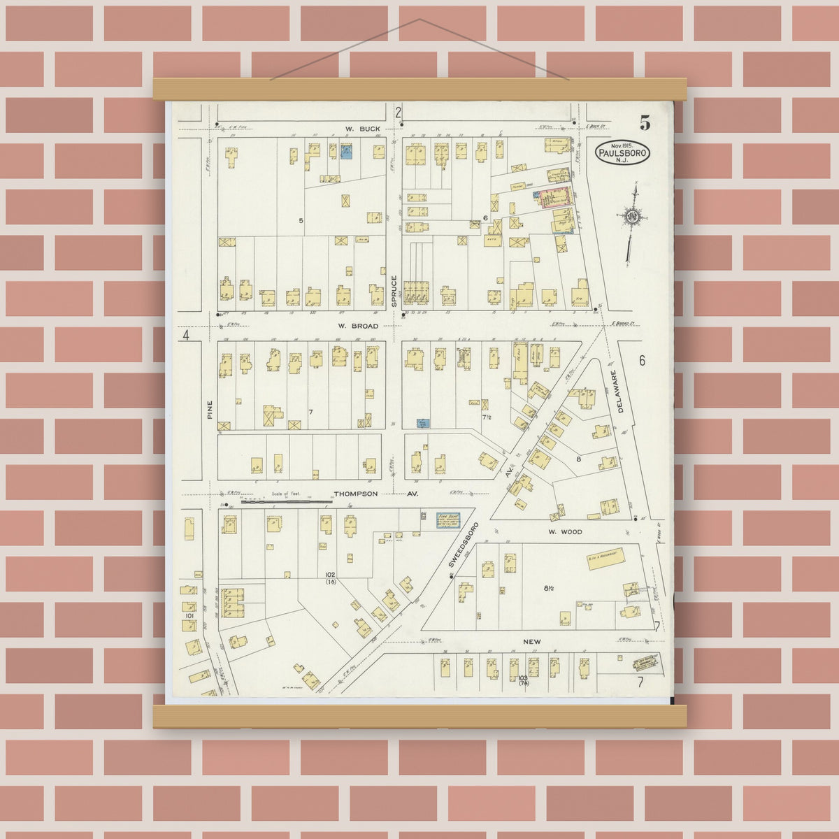 Old map wall art mockup — magnetic wood frame on brick wall — Sanborn Fire Insurance Map from Paulsboro, Gloucester County, New Jersey (1915), Sheet #0005